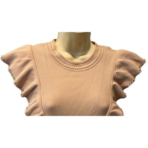 SANDRO PARIS Tilla Pink Blush Ruffle-Trim Embellished Rib-Knit Mini Dress - Picture 6 of 13